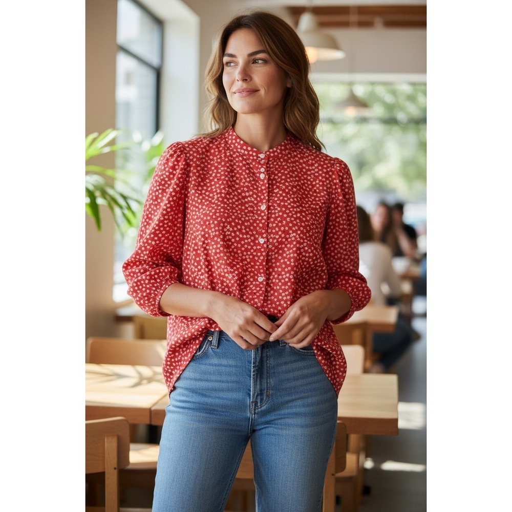 SHEIN Curve 2XL Red Floral Button Front Blouse Women Plus 3/4 Sleeve Boho Top‎
